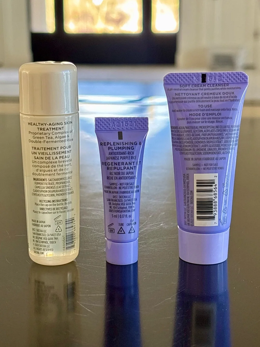 Miniature Tatcha Skincare Set with Cosmetic Bag with the Essence and skin cream